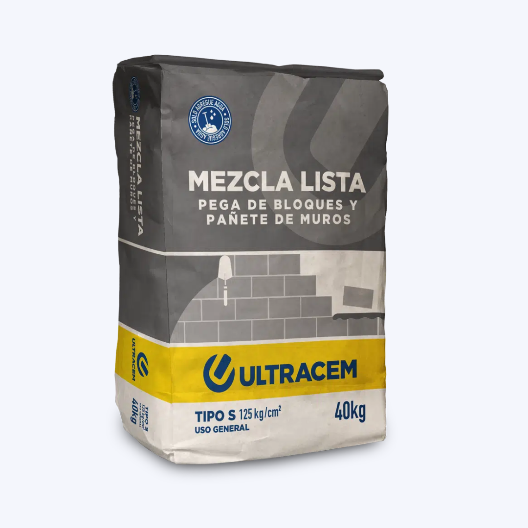 Mezcla Lista Tipo S Ultracem, cuenta con una excelente calidad, rendimiento y resistencias mecánicas, es un producto ideal para pega y pañete de unidades de mampostería.