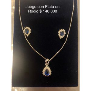 Cadena y Aretes Piedra Azul en Plata con Rodio