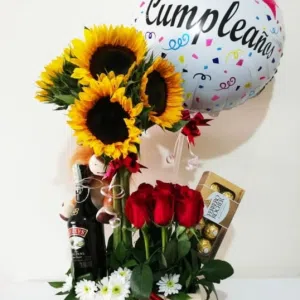Arreglo Floral “Rosas, Girasoles y Chocolates”
