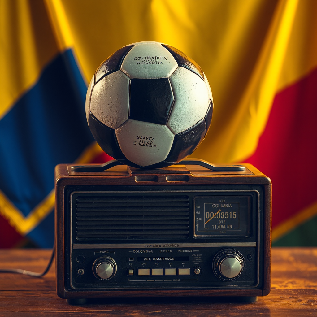 Radio Vintage Con Balón De Fútbol Y Bandera De Colombia - Escuchar Mundial 2026 Por Radio Online