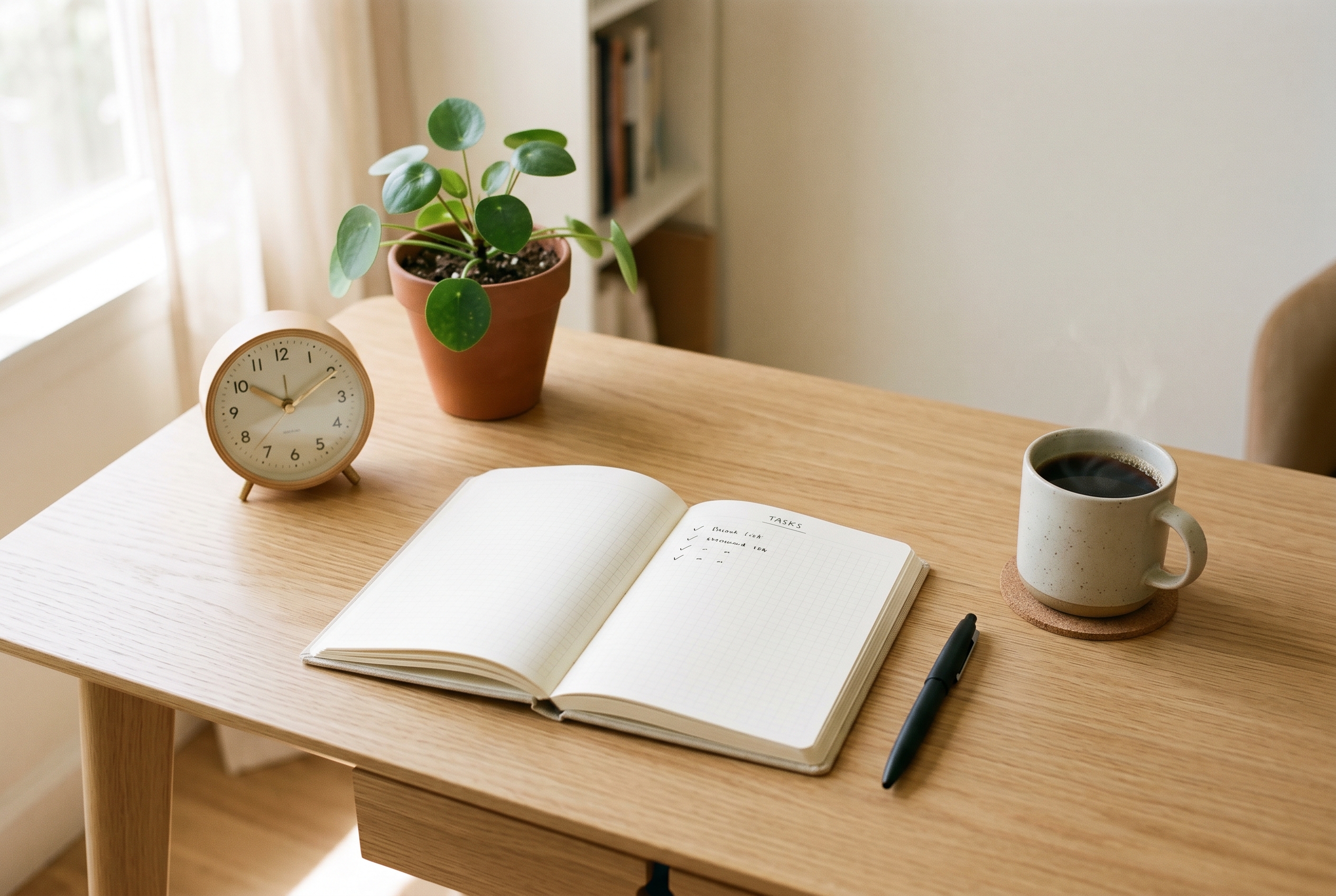 Escritorio minimalista productividad enfoque holistico