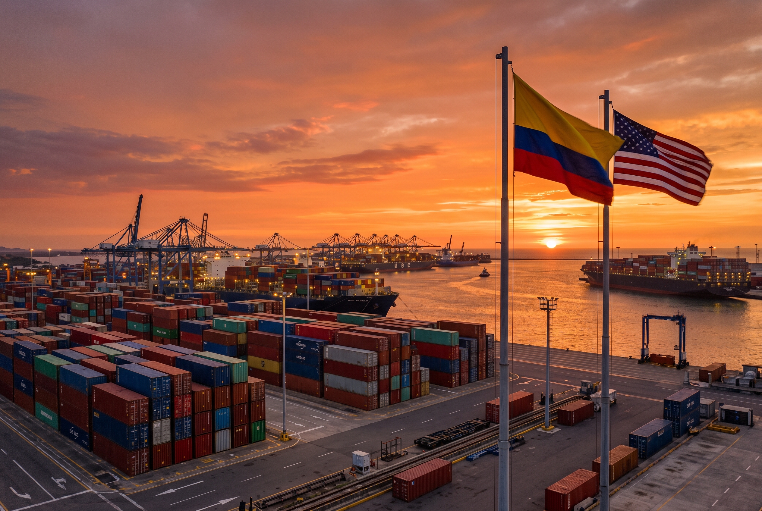 Puerto Marítimo Con Contenedores Y Banderas De Colombia Y Ee.uu. Al Atardecer