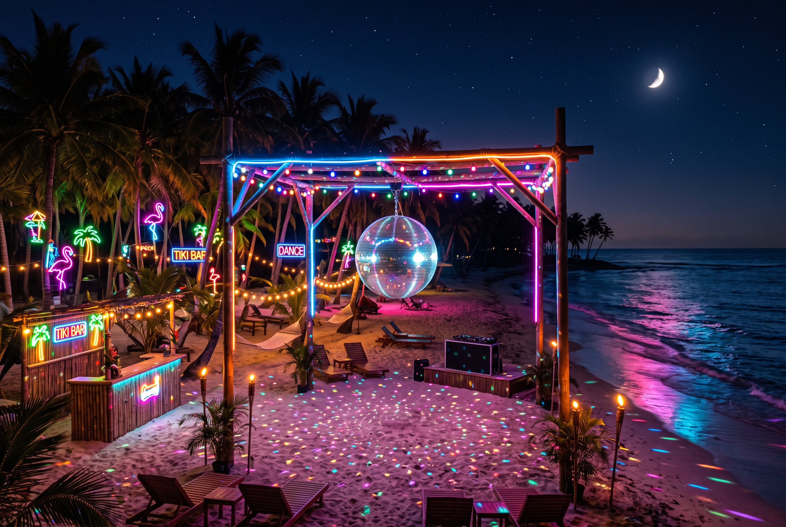 Noche Tropical Con Neones, Palmeras Y Disco Ball