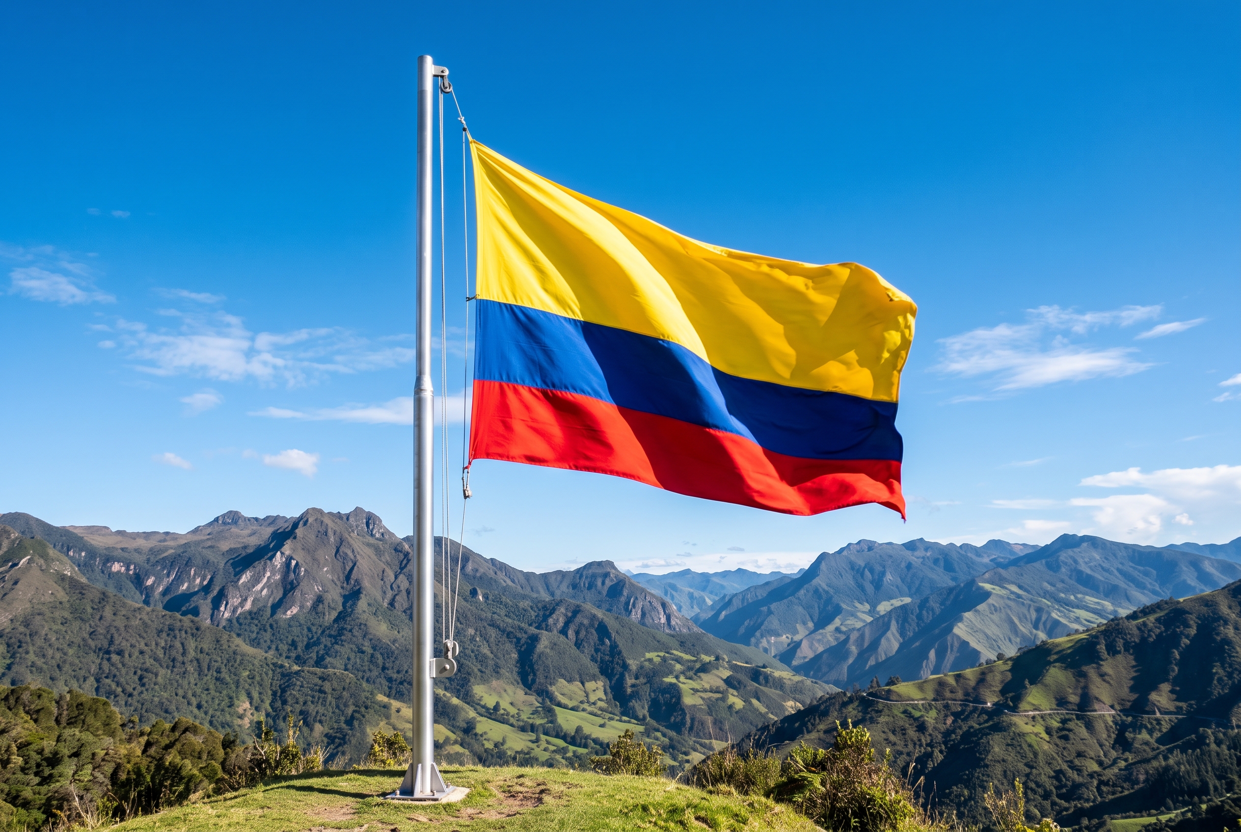 Bandera De Colombia Ondeando Con Sus Colores Amarillo, Azul Y Rojo