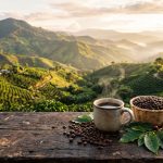 Taza de café colombiano humeante con granos tostados