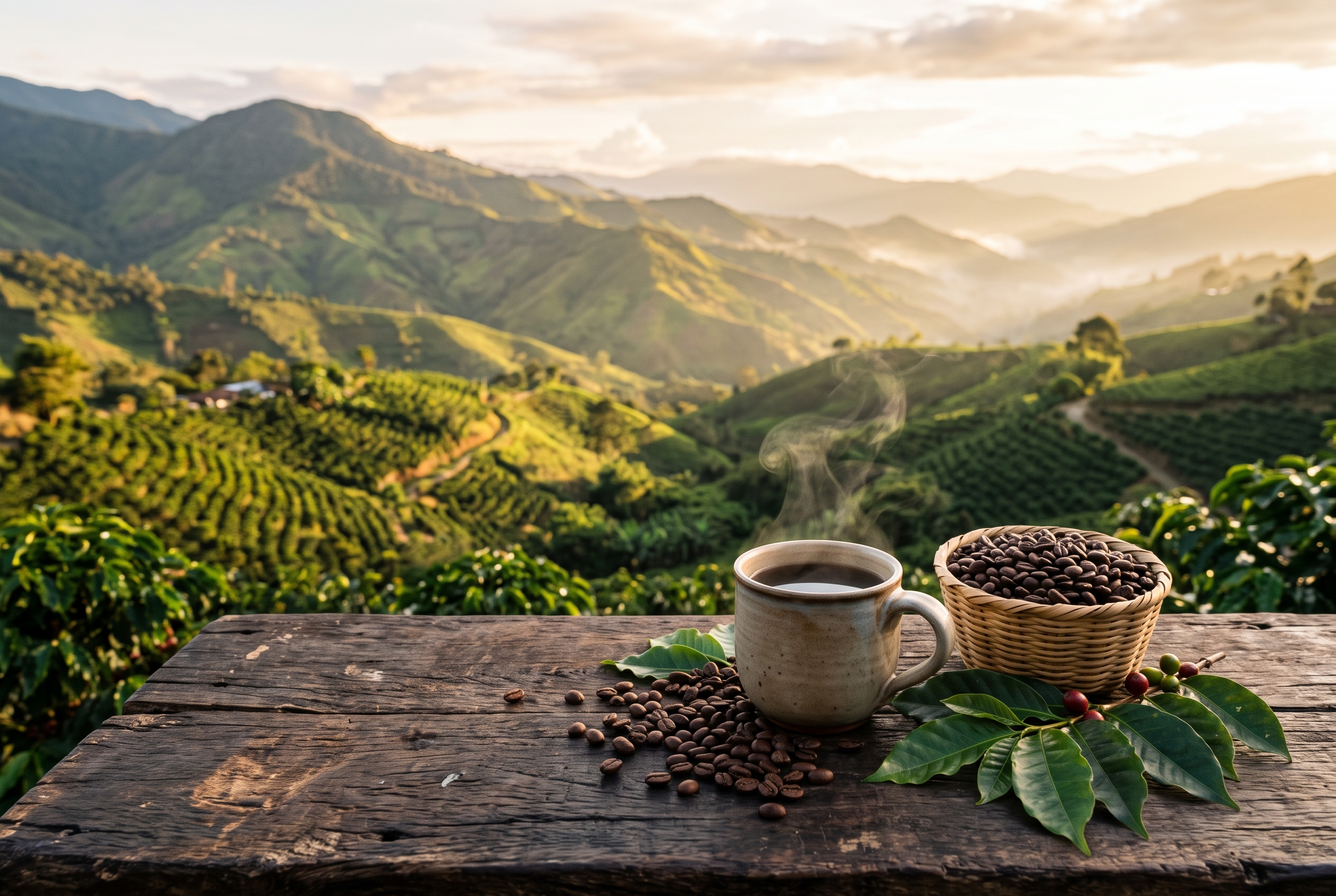 Taza De Café Colombiano Humeante Con Granos Tostados