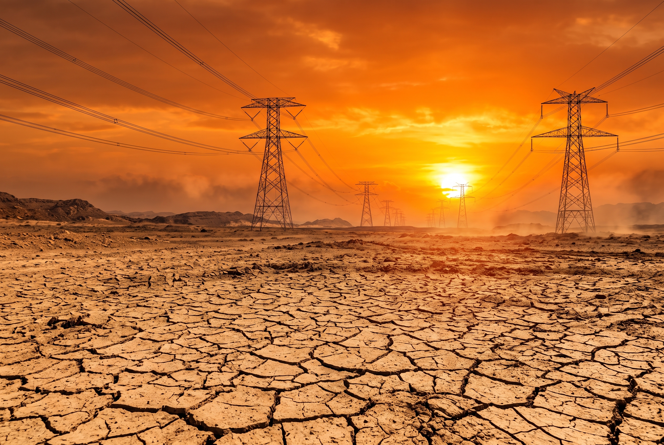 Tierra Agrietada Por Sequía Con Torres Eléctricas Al Fondo
