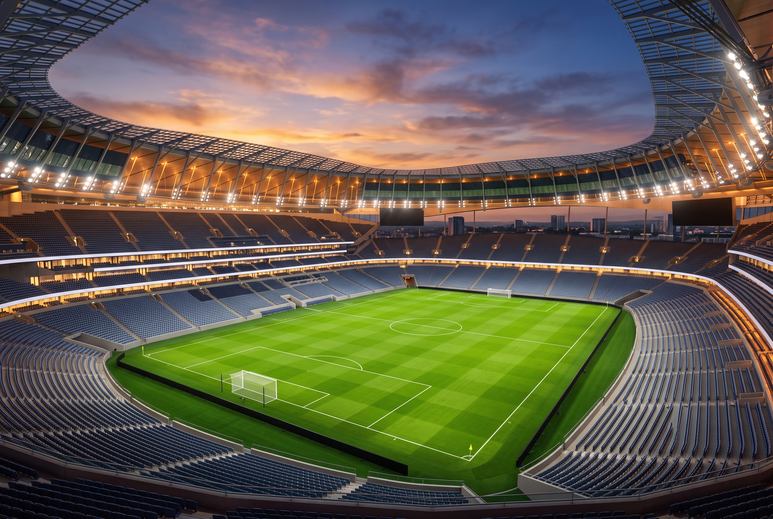 Estadio De Fútbol Moderno Al Atardecer Con Luces Encendidas Y Grama Verde