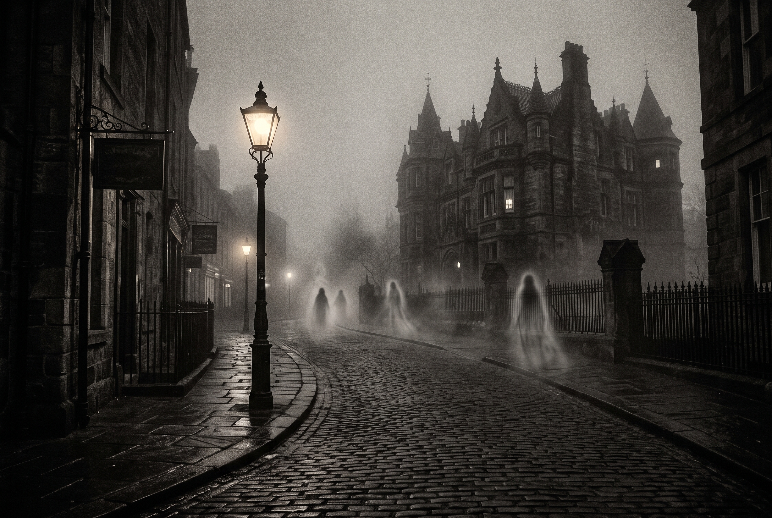 Londres Victoriano Con Niebla Y Mansión Antigua Con Siluetas Fantasmales