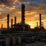 Refinería de petróleo al atardecer
