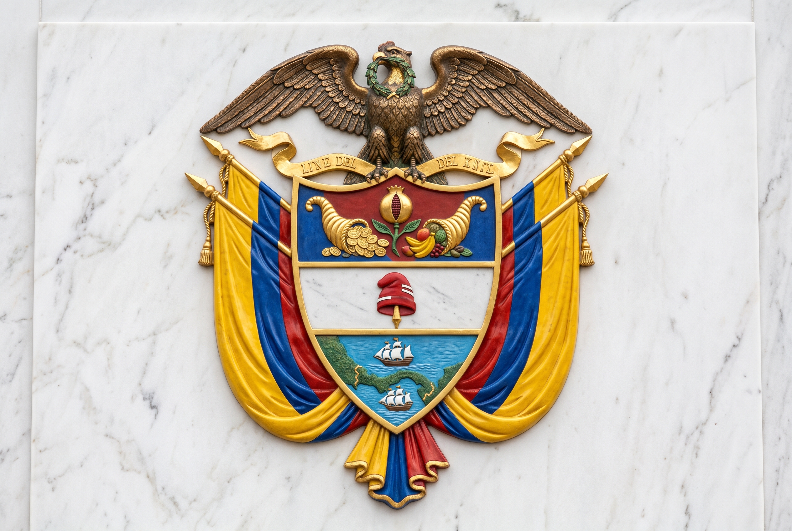 Escudo De Colombia Con Cóndor, Granada, Cornucopias Y Gorro Frigio