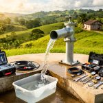 Field water-pump test setup: pipe discharging water into a tub with tools and gauges nearby in a rural landscape