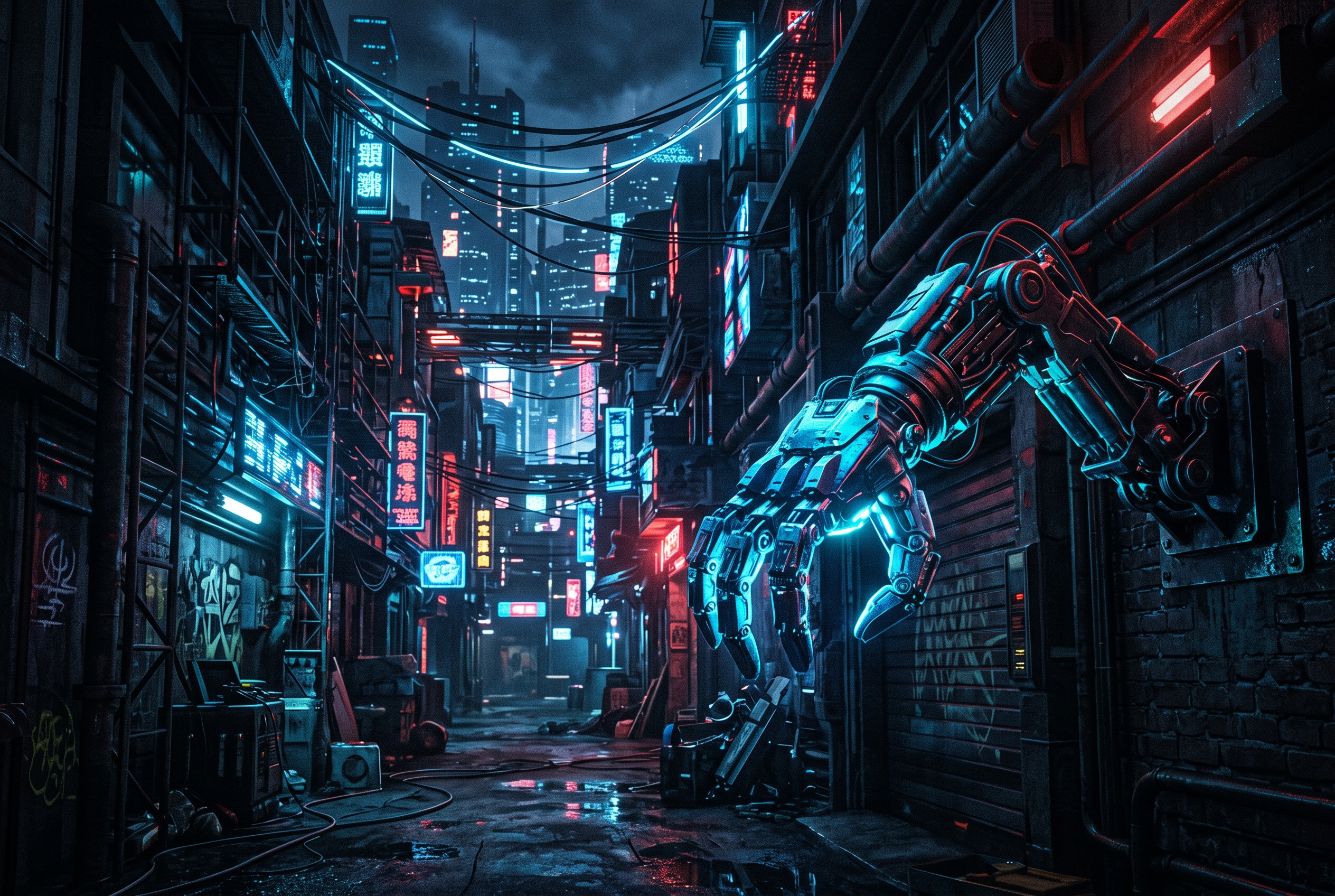 Callejón Cyberpunk Con Neones Y Destellos Metálicos