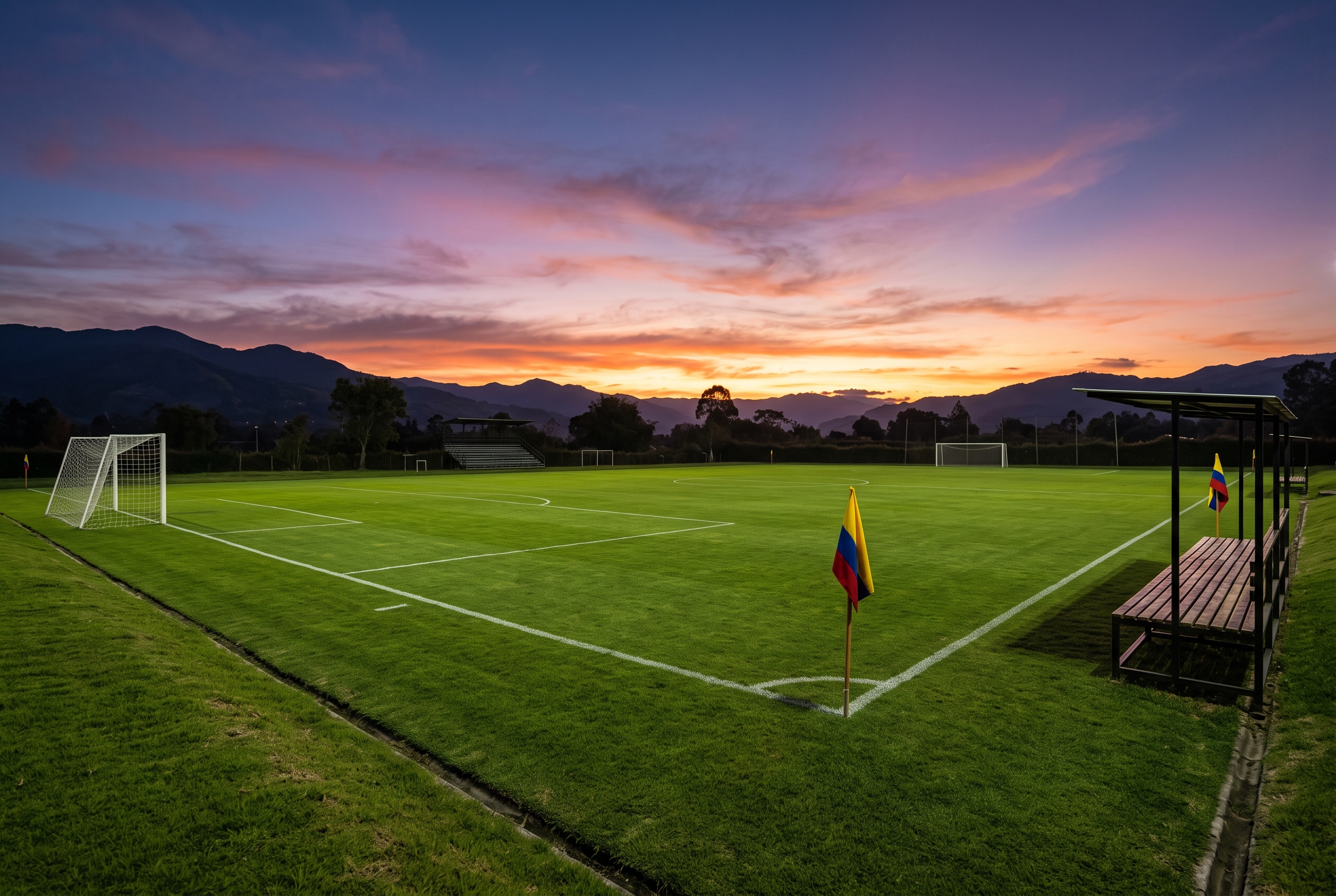 Cancha De Fútbol Vacía Al Atardecer Con Banderas Colombianas