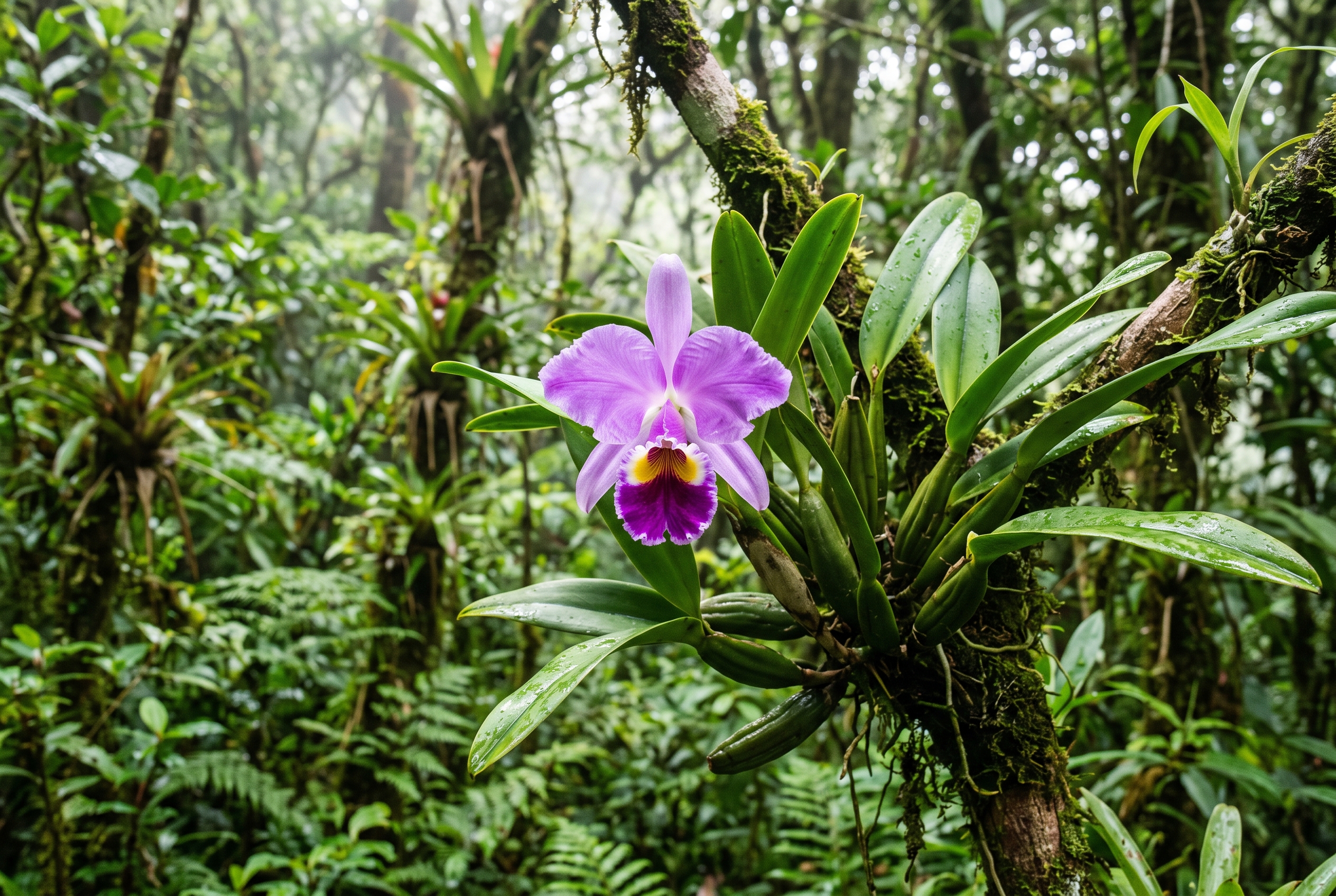 Flor De Orquídea Cattleya Trianae Violeta Y Blanca En Bosque Nuboso