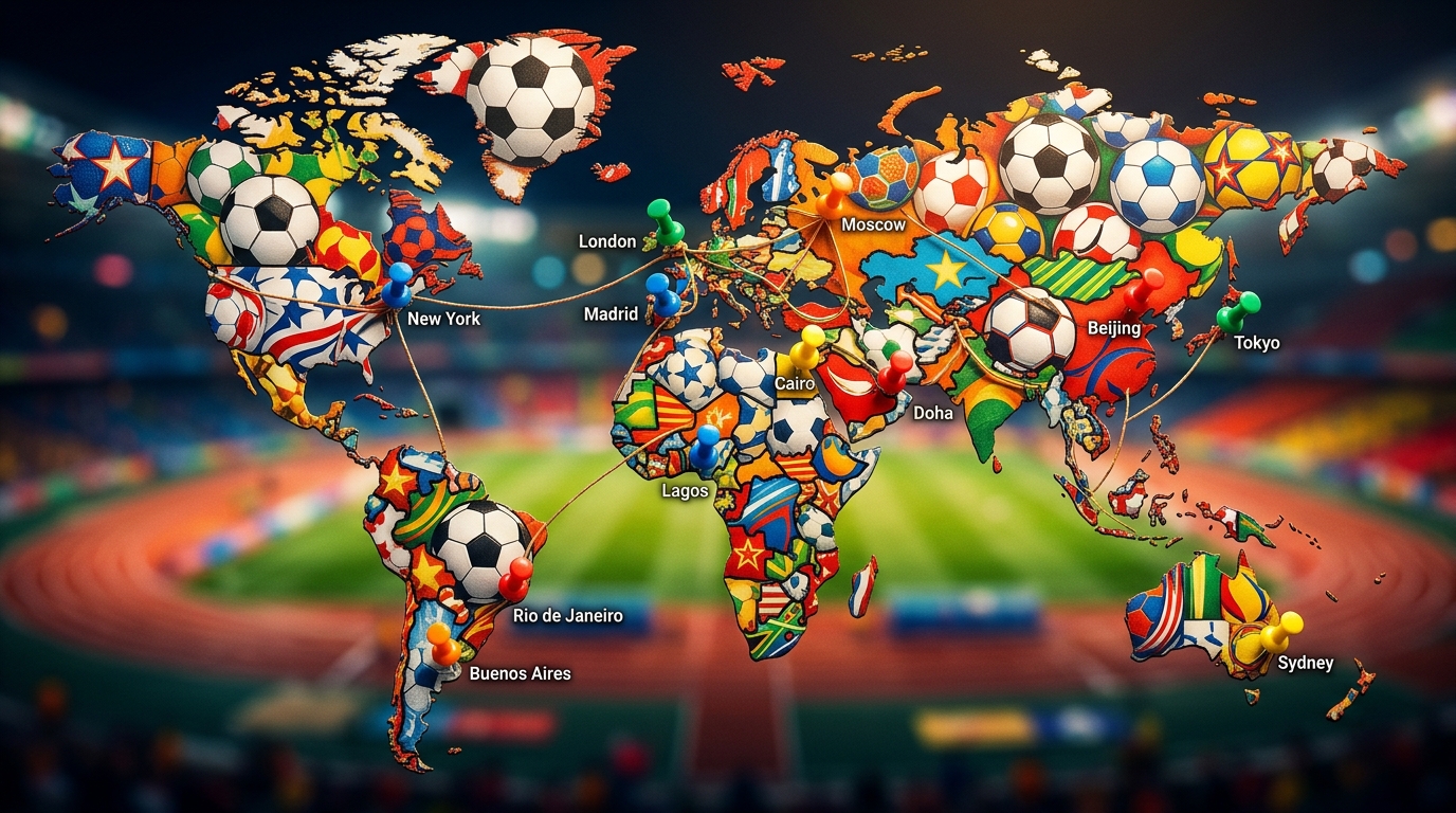 Colombia Marketplace Post6 Colombianos Exterior » Marketplace Colombia Mapa Mundial Con Elementos De Fútbol - Colombianos En El Exterior