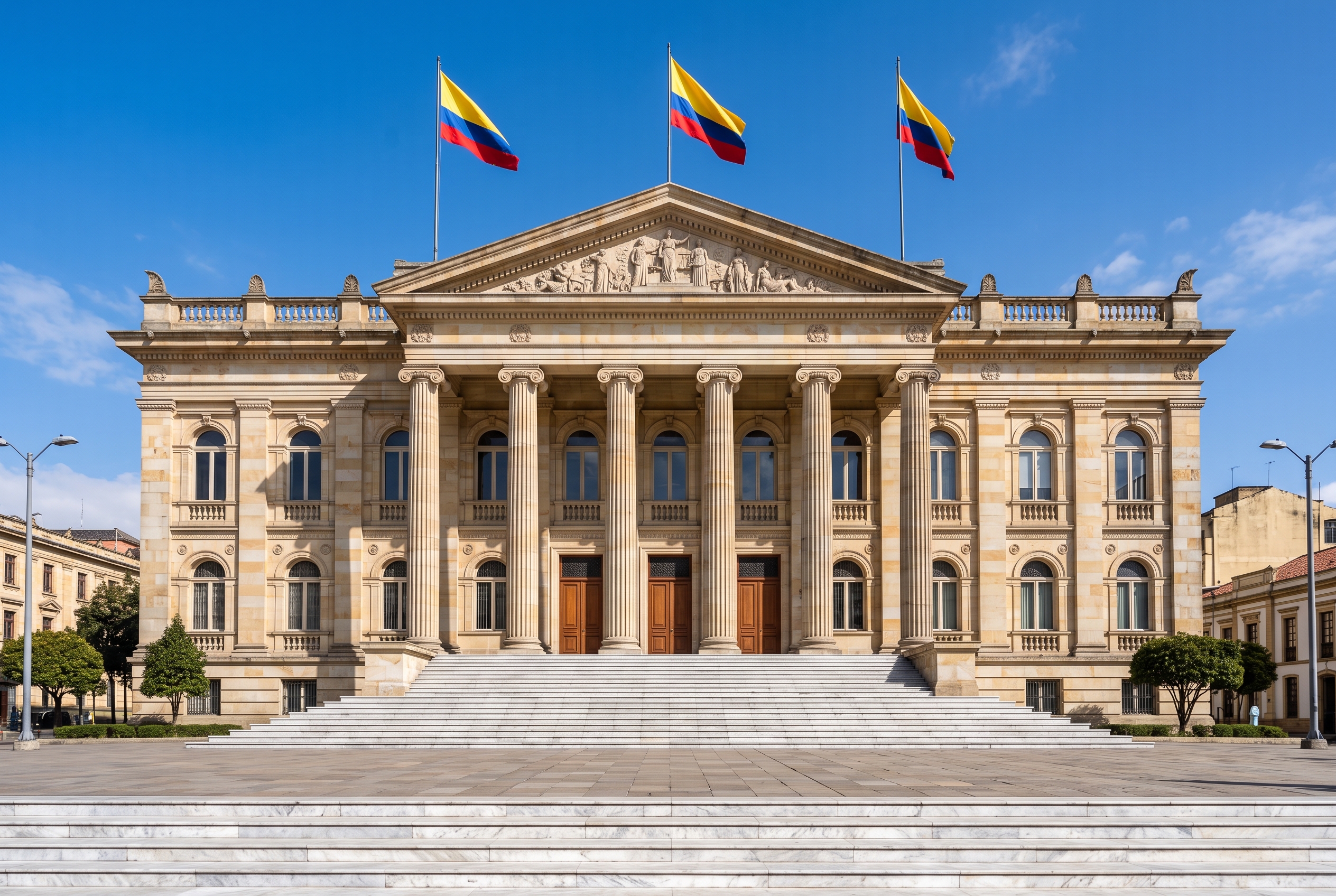 Edificio Gubernamental Neoclásico Con Banderas Colombianas