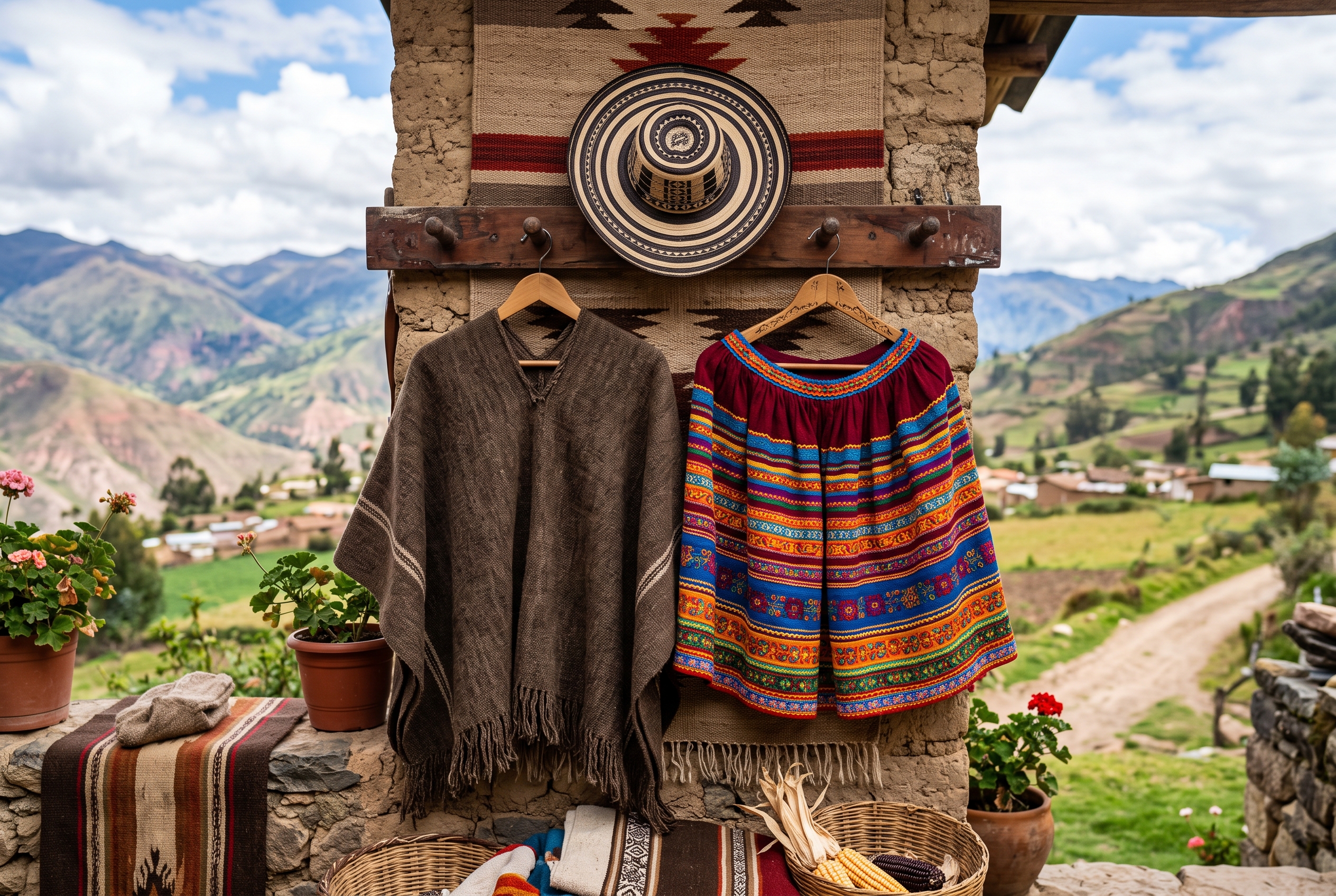 Trajes Típicos Colombianos Incluyendo Ruana Y Pollera Colorida