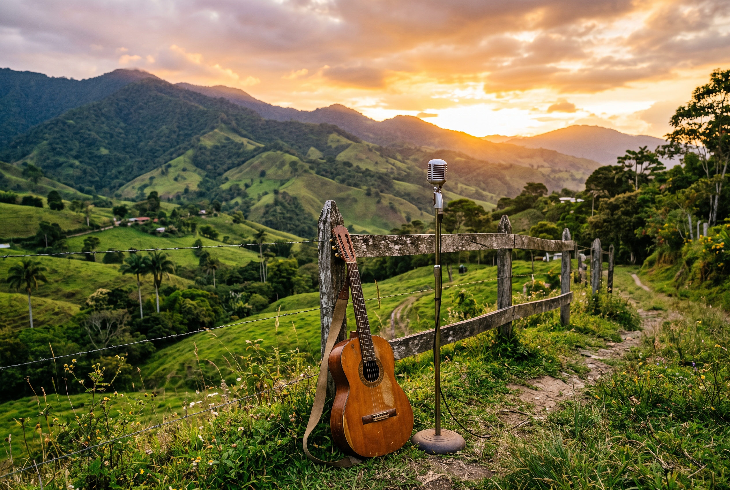 Campo Colombiano Al Atardecer Con Instrumentos Musicales