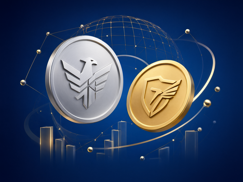 Two Metallic Coins, Silver and Gold, Bearing Winged Shield Emblems, Float Above a Futuristic Blue Background with a Digital Globe and Rising Bars (finance/crypto Concept).