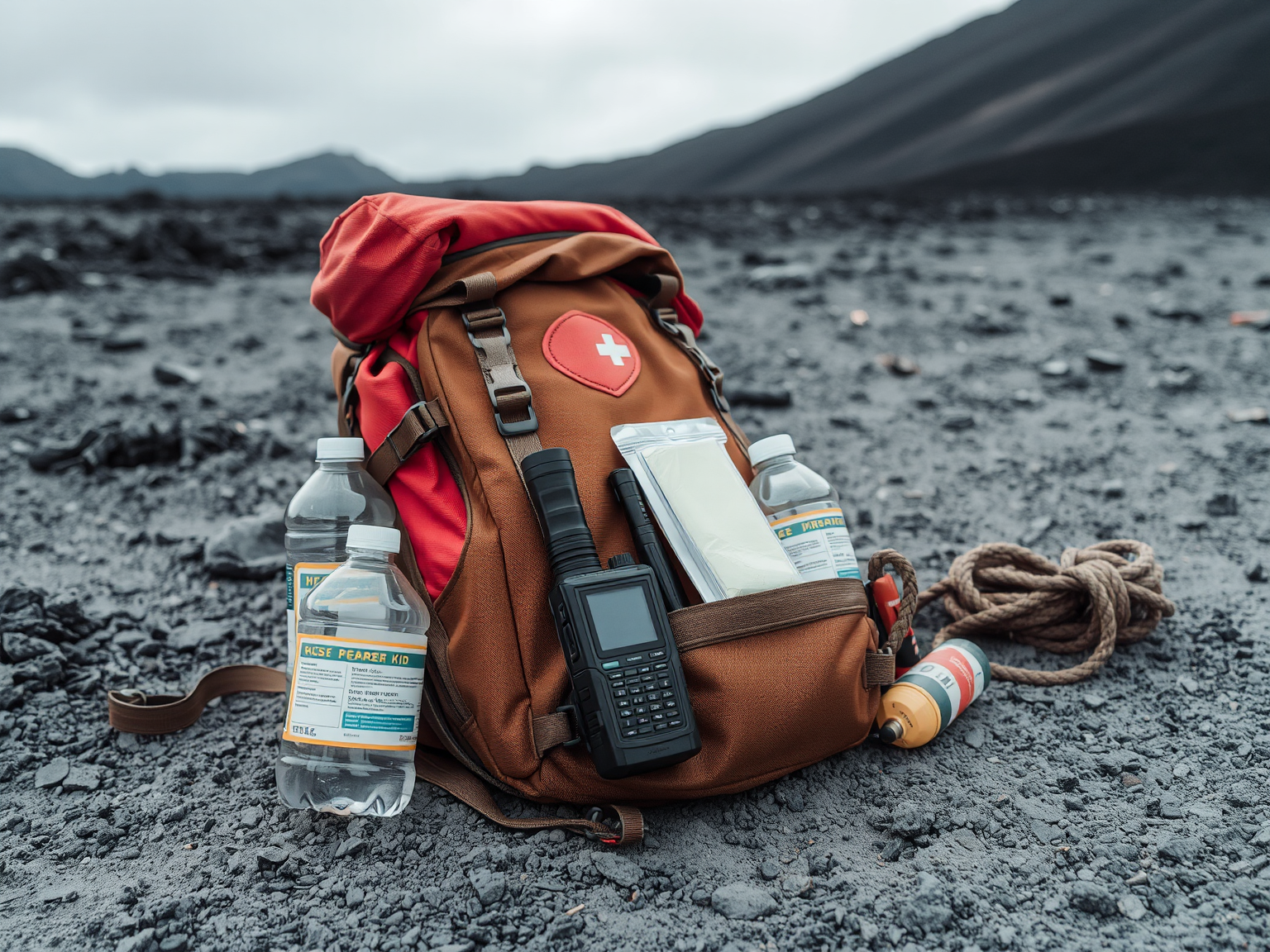 Kit De Emergencia Con Morral, Linterna Y Botiquín Sobre Terreno Cubierto De Ceniza Volcánica