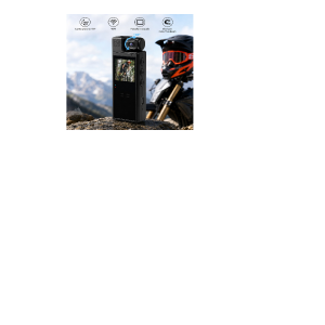 Black action camera on a rock with a mountain bike and helmet in the background, showcasing built‑in screen and lens cap features