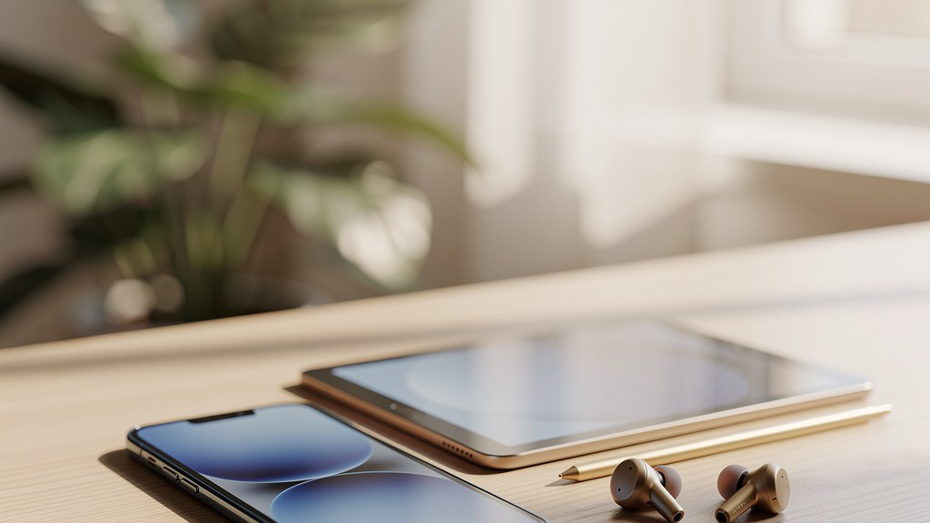 Celular, Tablet Y Audífonos Inalámbricos Sobre Un Escritorio De Madera