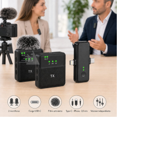 Two professionals sit at a table discussing; on the table are three black wireless microphone transmitters/receivers with green LEDs and a furry windscreen mic, with a camera on a tripod nearby.