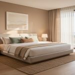 Hotel bedroom with a king bed, neutral tones, two nightstands, and view of a beach/ocean through floor-to-ceiling windows