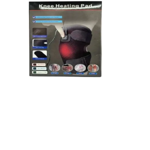 Front of a Knee Heating Pad package showing a knee with a red heated area and feature icons on the left side.