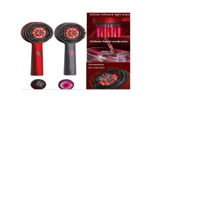 Two handheld hair styling devices with circular LED heads beside an infographic panel about 630nm infrared light therapy and uniform liquid conduction