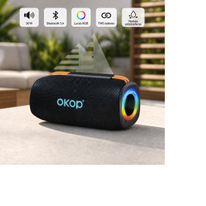Portable Bluetooth speaker with rainbow LED ring on a patio, outdoors (OKOP).