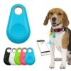 Bluetooth Dog Tracker on Blue Silicone Case Attached to Collar, with Smartphone App Shown Nearby and Multiple Color Caps Below.