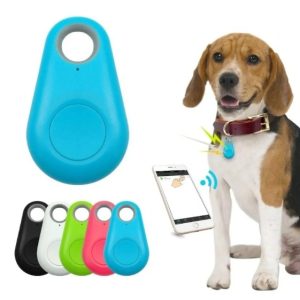 Bluetooth dog tracker on blue silicone case attached to collar, with smartphone app shown nearby and multiple color caps below.