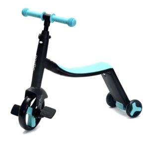Three-wheeled Kids' Scooter with Teal Seat and Blue Handlebars on a Black Frame.