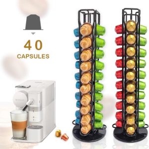 Espresso Coffee Machine Beside Two Vertical Capsule Racks Filled with Colorful Pods; Text Reads 40 Capsules.