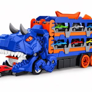 Camión Camión Transportador Triceratops "Devorador" con Pista Desplegable y Minicarros (Dinosaur Transport Truck & Race Track Set)