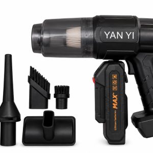 Cordless handheld vacuum with a transparent dust canister and multiple attachments laid out beside it.