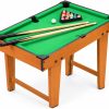 Rectangular Wooden Billiards Table with Green Felt, Two Cues Resting on the Edge, a Triangle Rack of Balls and a White Cue Ball Nearby.