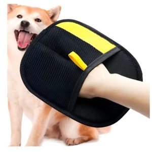 Person wearing a black protective bite sleeve on their forearm as a dog approaches playfully