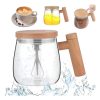 Immersion Blender with Wooden Handle and Lid Blending Water in a Glass Jar; Coffee and Tea Images Above.”