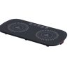 Portable Dual Induction Cooker with Two Circular Cooking Zones and a Touch Control Panel on a Dark Surface.