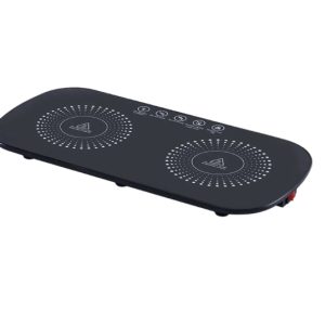 Portable Dual Induction Cooker with Two Circular Cooking Zones and a Touch Control Panel on a Dark Surface.