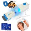 White Handheld Beauty Device with Blue Led Light and Interchangeable Head, Plus Cap, Charging Adapter, and Sample Sachets Nearby.