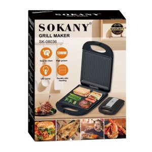 Sokany Grill Maker Sk-08036 Box Featuring a Dual‑sided Electric Grill with 1200w Power and a Separate Heater Unit; Shows Grilled Foods on the Plates.