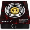 Sokany Single-burner Gas Stove with a Red Marble-pattern Top and a Gold Burner, Controls on the Front Panel.