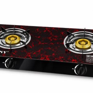 Two-burner Gas Stove with a Red-and-black Marble Top and Black Body, Brand Sokany.