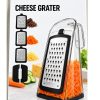 Cheese Grater with Multiple Blade Inserts and a Clear Protective Cover, Shown with Shredded Cheese and Vegetables.