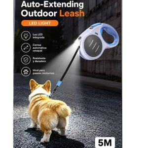 Automatic Retractable Dog Leash with Integrated Led Light, Shown Illuminated at Night for Safe Nighttime Walks (5m Length).