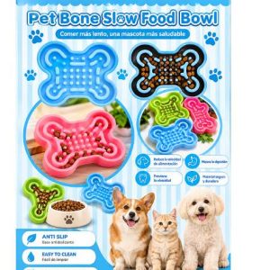 Packaging for Pet Bone Slow Food Bowl featuring bone-shaped feeders in blue, brown, pink with a bowl of kibble and pets on the label.